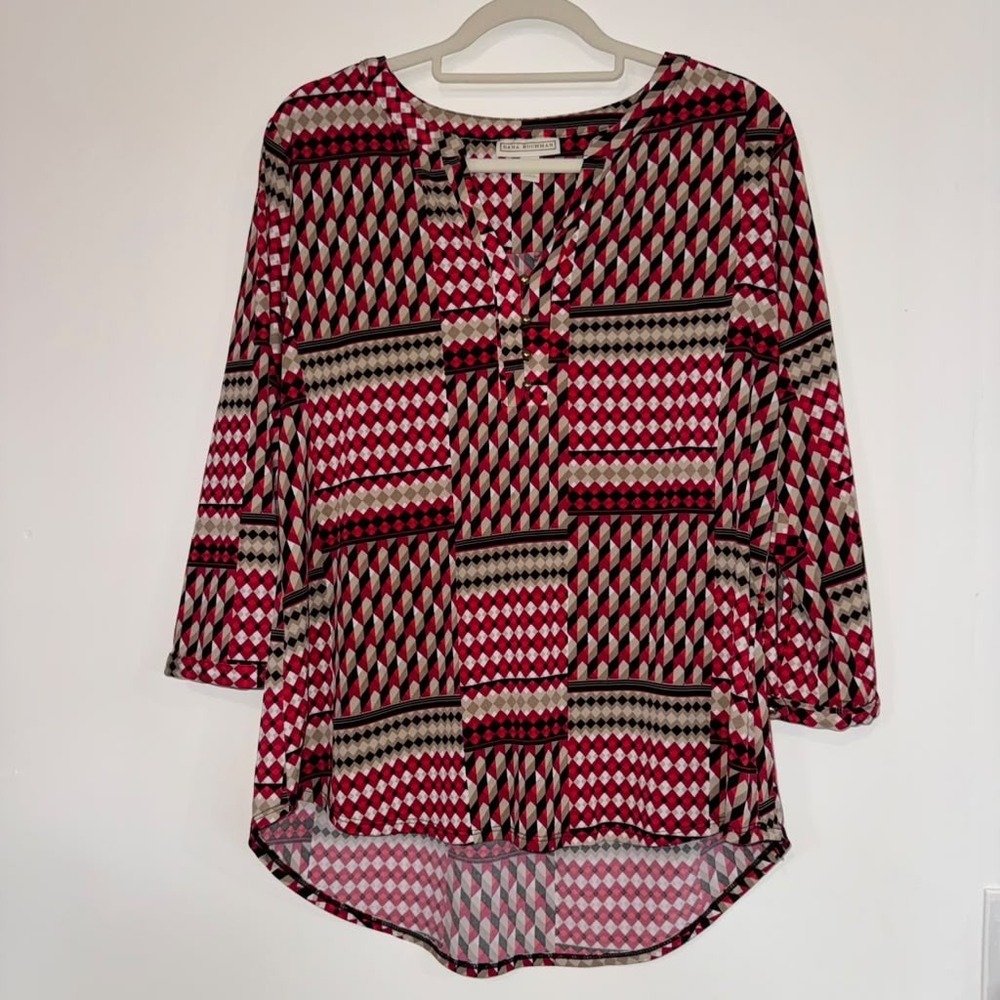 Dana Buchman Women's Sz L Blouse Geometric Print Gold Buttons 3/4 Sleeves Casual